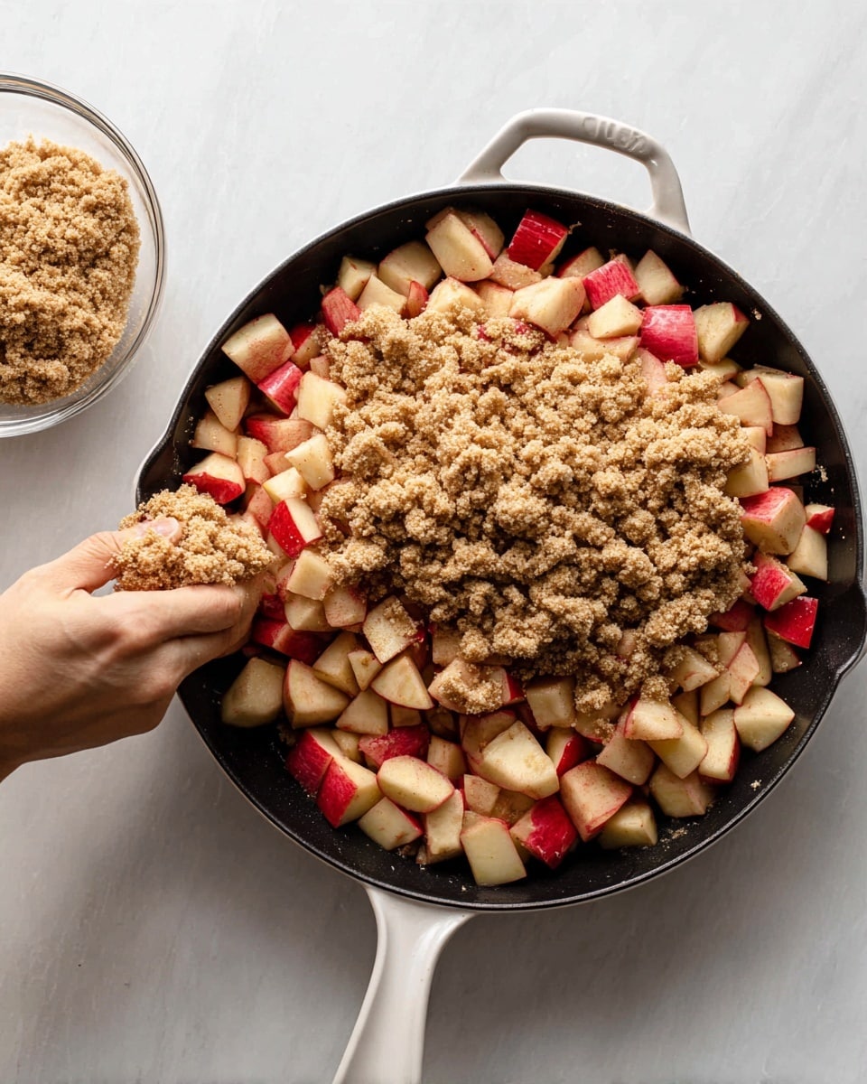 A white-handled black skillet is filled with small, cubed apples that have red skin and white flesh, creating a rough base layer. On top of the apples, there is a light brown, crumbly mixture of oats and brown sugar sprinkled unevenly. To the left side of the skillet, a glass bowl holds more of the crumbly oat mixture. A woman's hand is pinching some of the oat topping above the skillet, ready to spread it. The scene is set on a white marbled surface. photo taken with an iphone --ar 4:5 --v 7