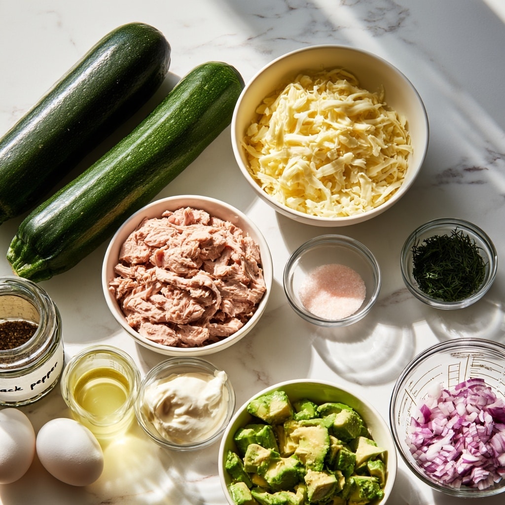 Two whole dark green zucchinis lie side by side at the top left on a white marbled surface. To their right, a white bowl is filled with shredded pale yellow mozzarella cheese. Below the zucchinis is a white bowl full of pinkish canned tuna flakes. To the right of the tuna, a small clear glass bowl holds light pink salt, and beneath that, another small clear glass bowl contains finely chopped dark green dill. At the bottom left, a glass jar with black pepper written on a label sits next to two white eggs. Near the eggs is a small clear glass container of light yellow lemon juice and to its right is a small clear glass bowl with a dollop of creamy white Greek yogurt. In the bottom center, a white bowl holds chunky pieces of green avocado. At the bottom right, a white bowl with measurement marks is filled with finely chopped purple-red onion. All items rest on a clean white marbled surface with soft natural light. photo taken with an iphone --ar 4:5 --v 7