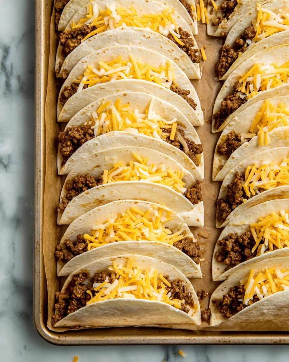 This image shows a baking tray lined with brown paper, holding multiple tacos arranged in rows. Each taco has a soft white tortilla folded in half and filled with two visible layers: a bottom layer of cooked ground beef mixed with small pieces of onion, warm brown and slightly crumbly in texture, and a top layer of shredded cheese in shades of yellow and white. The tacos are neatly placed side by side with some loose cheese and bits of beef scattered around the tray. The surface around the tray has a white marbled texture. Photo taken with an iphone --ar 4:5 --v 7