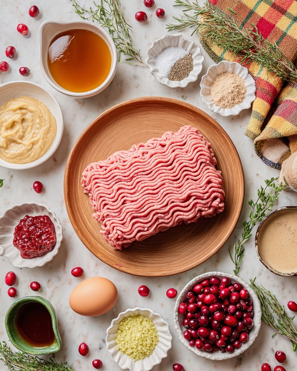 A wooden plate in the center holds a thick layer of light pink ground meat with a wavy texture on top. Around it on a white marbled surface, there are several small white bowls with different ingredients: a bright red chunky sauce, smooth beige mustard, honey-colored liquid, and a mix of white salt, pale garlic powder, and black pepper on a fluted dish. There are also small green bowls containing minced pale yellow garlic and light brown powder. Bright red cranberries are scattered around along with fresh rosemary and thyme sprigs, a brown egg, a splash of dark brown liquid in a white bowl, and a colorful checkered cloth in the top right. Photo taken with an iphone --ar 4:5 --v 7