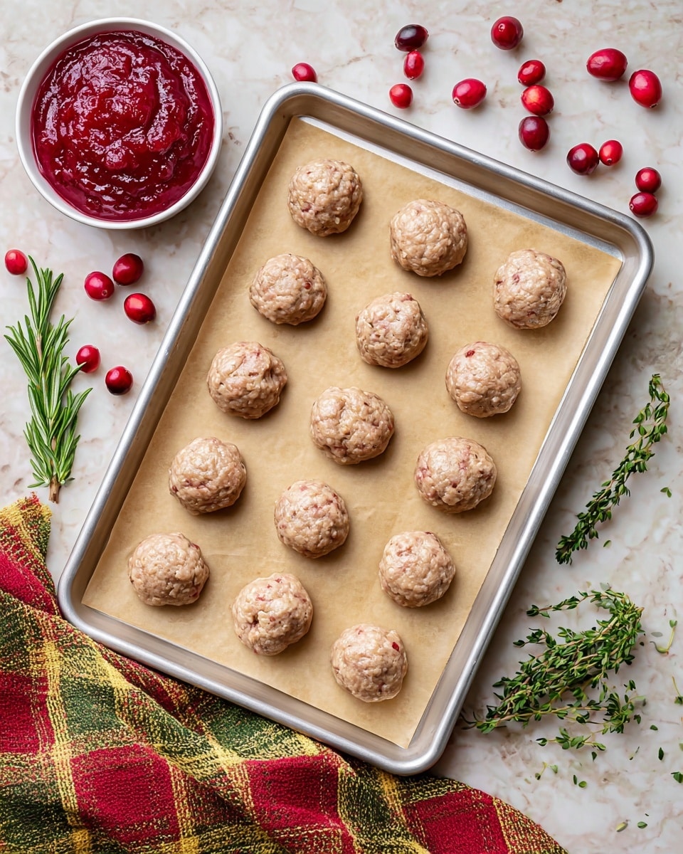 The image shows a metal baking tray lined with light brown parchment paper, holding twelve round, uncooked meatballs arranged in four rows of three. Each meatball is light pinkish-beige with a slightly rough texture. Around the tray, there are bright red cranberries scattered on a white marbled surface. To the top left, a white bowl filled with smooth, bright red cranberry sauce is visible. Sprigs of green rosemary and thyme are placed to the right and bottom right of the tray. A colorful checkered cloth in red, green, yellow, and white lies partially under the tray on the bottom left side. photo taken with an iphone --ar 4:5 --v 7
