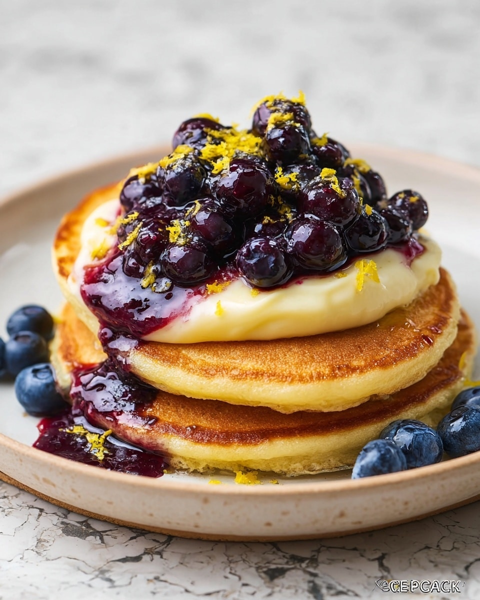 A stack of three golden brown pancakes sits at the center of a white plate on a white marbled surface. On top, there is a thick pale yellow cream spread mostly on the top pancake. A glossy dark purple blueberry sauce is drizzled over the sides of the pancakes and pooling slightly on the plate. Shiny whole blueberries, both fresh deep blue and cooked dark purple, are scattered on top of the cream and sauce, with some extra blueberries resting on the plate. Small bright yellow lemon zest pieces are sprinkled over the cream and berries, giving a fresh pop of color. The photo taken with an iphone --ar 4:5 --v 7