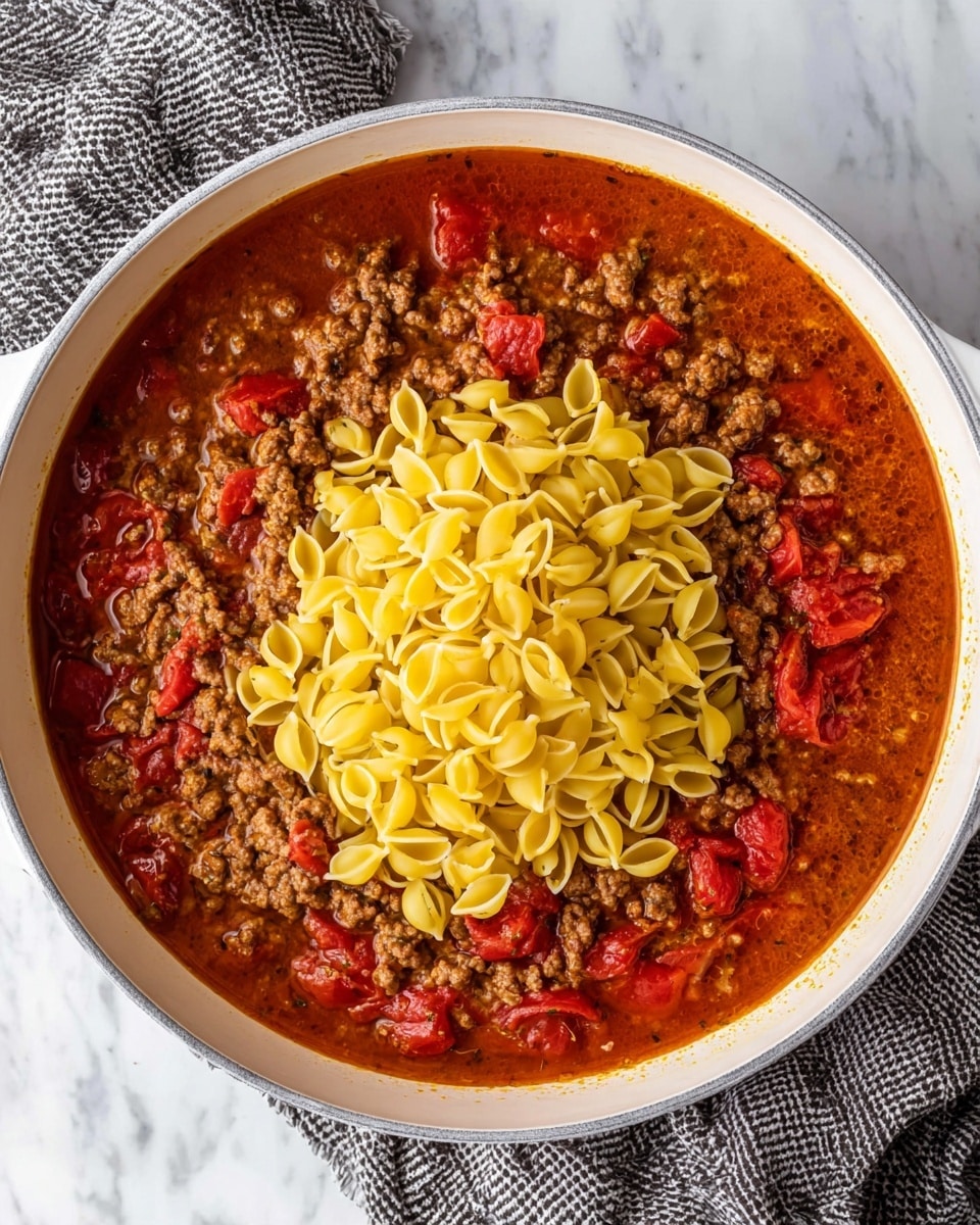 A white deep pan filled with three layers: the first layer is a thin oily red tomato broth at the bottom, the second layer is chunky ground meat and pieces of red tomato floating in the broth around the edges, and the third layer is a mound of uncooked yellow shell pasta sitting in the center on top of the meat and tomatoes. The pan sits on a white marbled surface with a gray and black checkered cloth under it. photo taken with an iphone --ar 4:5 --v 7