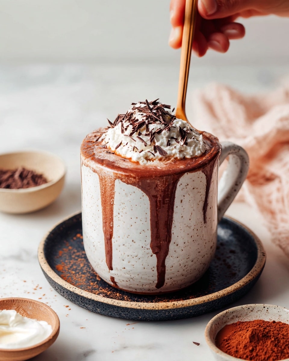 A white speckled mug filled with thick hot chocolate shows two layers: the dark brown drink with some dripping down the sides of the mug at the bottom and a fluffy white whipped cream dollop on top sprinkled with fine dark chocolate shavings; a wooden stir stick held by a woman's hand is stirring the whipped cream, which is slightly melting into the drink. The mug sits on a dark speckled plate with small bowls of cocoa powder and cream around it, against a white marbled surface. photo taken with an iphone --ar 4:5 --v 7