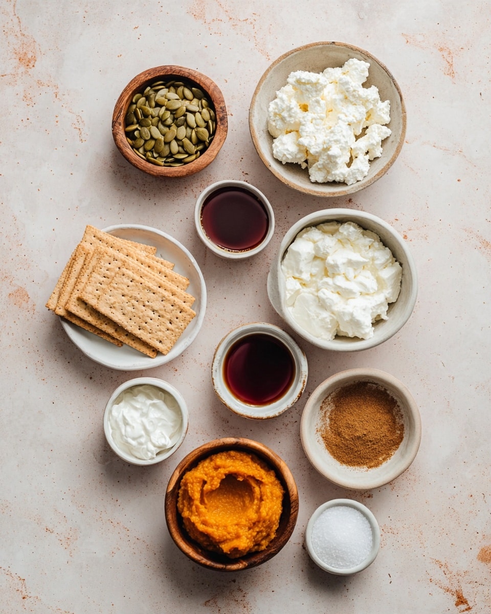The image shows a flat lay arrangement of small white bowls and wooden dishes on a white marbled surface. There are nine containers in total, each holding a different ingredient. Starting from the top left, there is a wooden bowl with green pumpkin seeds; to its right, a white bowl filled with white cottage cheese with a lumpy texture. Below the pumpkin seeds is a white bowl with smooth white cream cheese, and next to it, a small white dish with dark amber syrup. Below the syrup is a wooden bowl filled with orange pumpkin puree with a smooth texture. Next to that, there is a small white bowl with brownish cinnamon powder. On the far left bottom corner, a white plate holds several light brown rectangular crackers stacked partly on each other. Below the crackers, toward the right, there is a small white bowl with brown sugar. Near the top right, there is a tiny white bowl with white salt. The containers are evenly spaced, and everything sits on the white marbled textured surface. photo taken with an iphone --ar 4:5 --v 7