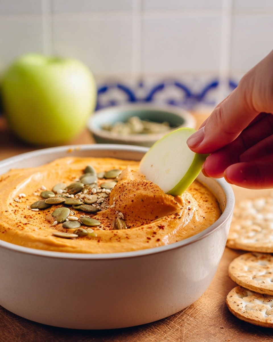 A close-up view shows a woman's hand holding a green apple slice dipped in a thick, creamy orange spread inside a white bowl. The spread is smooth with a dusting of ground spice on top and sprinkled with rough green and beige seeds. The bowl sits on a wooden surface with some crackers partly in view, and behind it is a blurred green apple and a small bowl filled with seeds. The background has a soft pale wall with simple blue tile designs. photo taken with an iphone --ar 4:5 --v 7