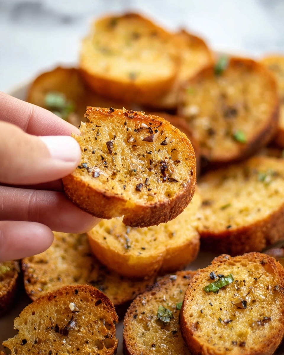 A close-up of a woman's hand holding a small round piece of crispy garlic bread, golden brown with specks of herbs and spices visible on the surface. Below, there is a layer of more small round garlic bread pieces spread out, showing a mix of golden and light brown colors with scattered bits of herbs. The background is a white marbled surface, giving a clean and bright look to the image. photo taken with an iphone --ar 4:5 --v 7