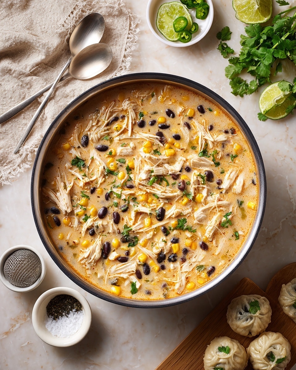 The image shows a large pot filled with creamy chicken soup that has visible layers of shredded white chicken, bright yellow corn kernels, and black beans mixed throughout a light orange creamy broth. The soup is topped with scattered pieces of fresh green herbs adding a fresh touch. Around the pot, on a white marbled surface, there are small white bowls holding salt and pepper, fresh bunches of green cilantro, whole limes, chopped green jalapeños, and a small wooden board with a metal mesh holding some dumplings. Two shiny silver spoons rest on a textured light beige cloth near the top left corner. Photo taken with an iphone --ar 4:5 --v 7