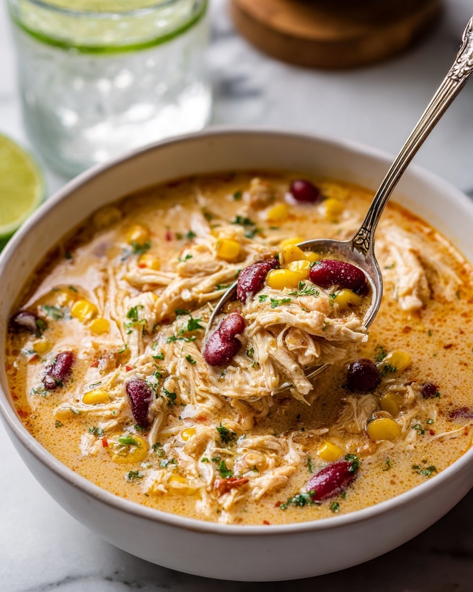 A close-up view of a bowl filled with shredded chicken soup that has a creamy light orange broth. Inside the soup, there are layers of shredded white chicken mixed with bright yellow corn kernels and dark red kidney beans scattered evenly. A silver spoon is scooping some of the soup and chicken from the white bowl, showing the thick, smooth, and slightly chunky texture of the stew. The scene is set on a white marbled surface with part of a glass of water with a lime wedge and a wooden object visible around the bowl photo taken with an iphone --ar 4:5 --v 7