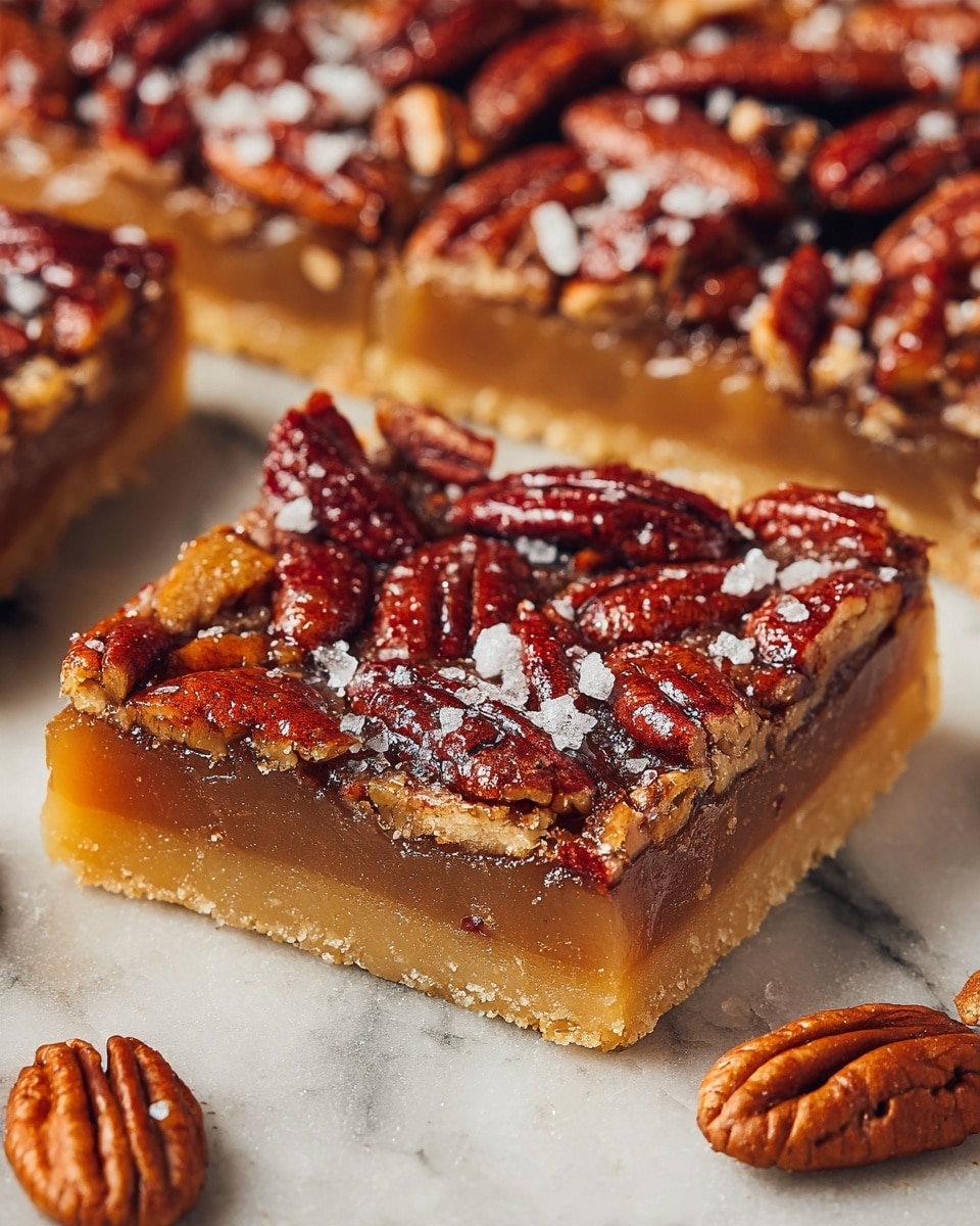 A close-up view of two square pecan bars on a white marbled surface. Each bar has three layers: a thin, light golden crust at the bottom with a crumbly texture, a thick middle layer of smooth, light caramel brown filling, and a top layer covered with shiny, dark reddish brown whole pecans arranged closely, some pieces slightly broken. Small flakes of sea salt are sprinkled over the pecans. Whole pecans are scattered around the bars. The photo taken with an iphone --ar 4:5 --v 7