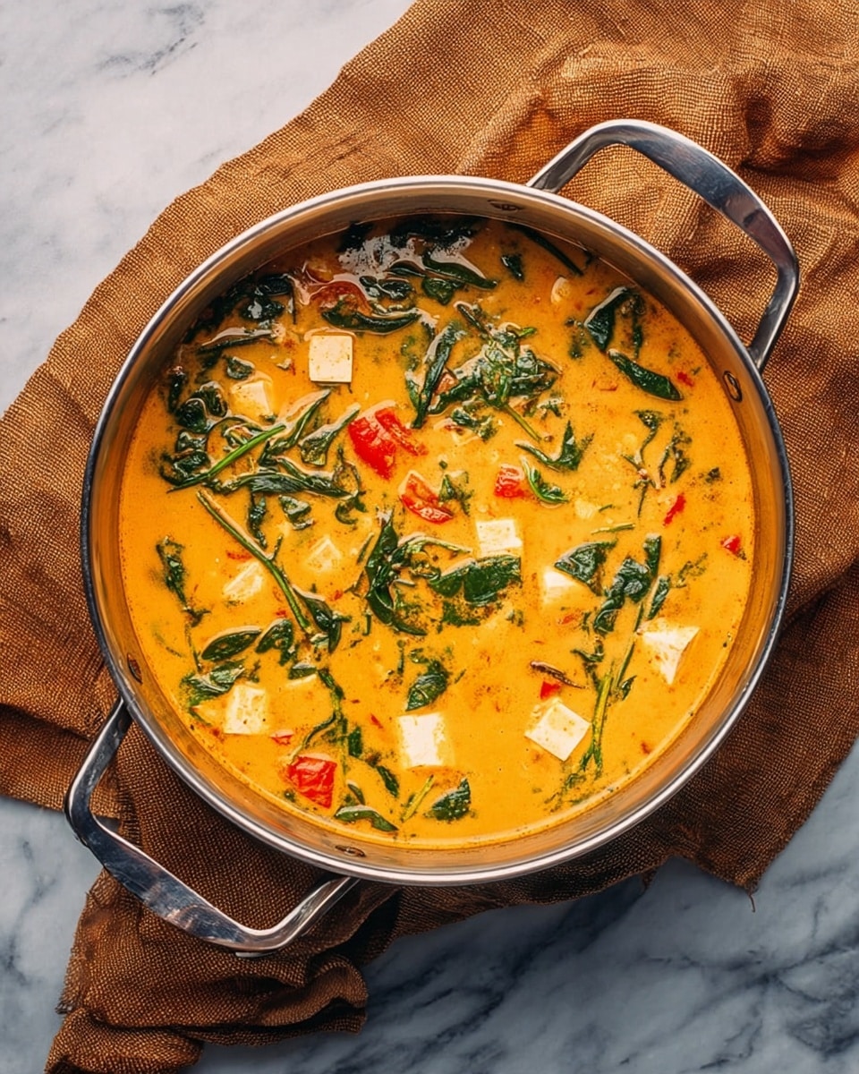 A top view of a silver pot filled with a creamy orange curry containing green spinach leaves and small white cubes of tofu scattered throughout, along with some small red tomato pieces. The curry has a smooth texture with the leaves and cubes partially submerged, creating a mix of vibrant green, white, and red within the orange sauce. The pot has two handles and is placed on a brown cloth with a white marbled surface underneath. Photo taken with an iphone --ar 4:5 --v 7