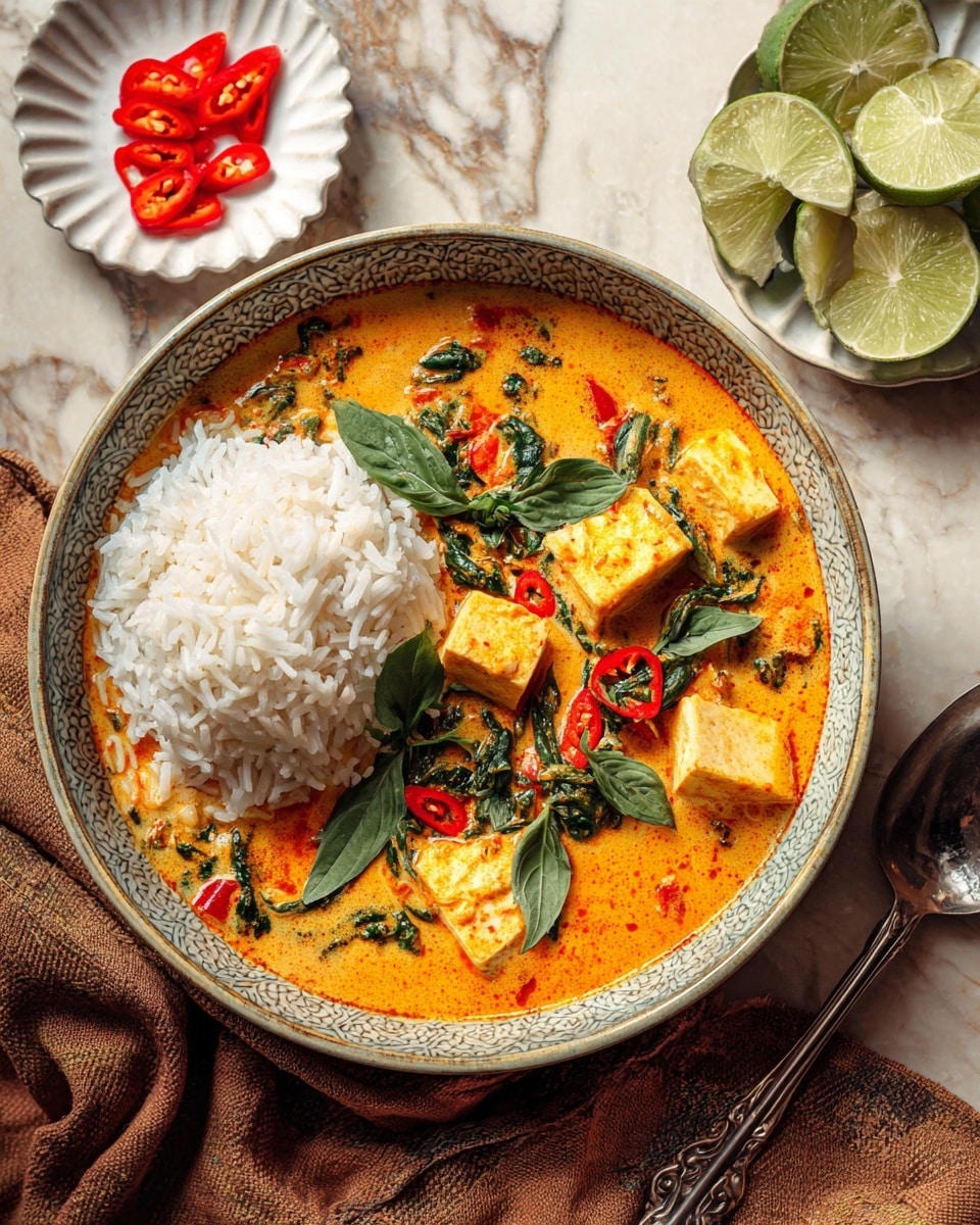 A close-up of a wooden spoon holding a thick orange curry filled with several cubes of white tofu, wilted dark green spinach leaves, and chunks of red tomato. The curry has a smooth, creamy texture and fills a large stainless steel pot with a white marbled surface underneath. The colors contrast well with the deep orange curry base and the bright, fresh vegetables visible. photo taken with an iphone --ar 4:5 --v 7