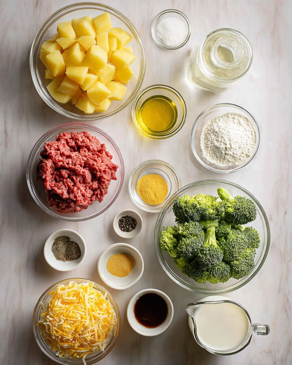 The image shows a top view of various ingredients laid out on a white marbled surface, arranged neatly in clear glass and white bowls. Starting from the top left, there are chunky yellow potato pieces in a glass bowl. To the right, a small glass bowl contains a white powder, next to it is another small glass bowl with golden oil. Below, a white bowl holds bright red ground meat. Moving down, a small white bowl has ground black pepper, near it a glass bowl holds shredded yellow cheese. Below that, another clear glass bowl is filled with fresh green broccoli florets. To the right of these, a glass measuring cup contains white milk. Small glass bowls with light yellow and golden powders and a small white cup with dark liquid are also placed around. The setup is clean and organized with all ingredients clearly visible, photo taken with an iphone --ar 4:5 --v 7