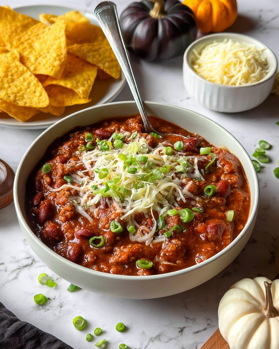 A deep white bowl filled with chili, showing rich reddish-brown sauce mixed with beans and chunks of meat, topped with a layer of shredded white cheese and scattered chopped green onions, with a silver spoon resting inside the bowl on the left side. Around the bowl on a white marbled surface, there are yellow tortilla chips on a white plate in the background, a small white bowl with more shredded cheese, a white pumpkin, a dark purple small pumpkin, and some loose green onions sprinkled around for garnish. Photo taken with an iphone --ar 4:5 --v 7