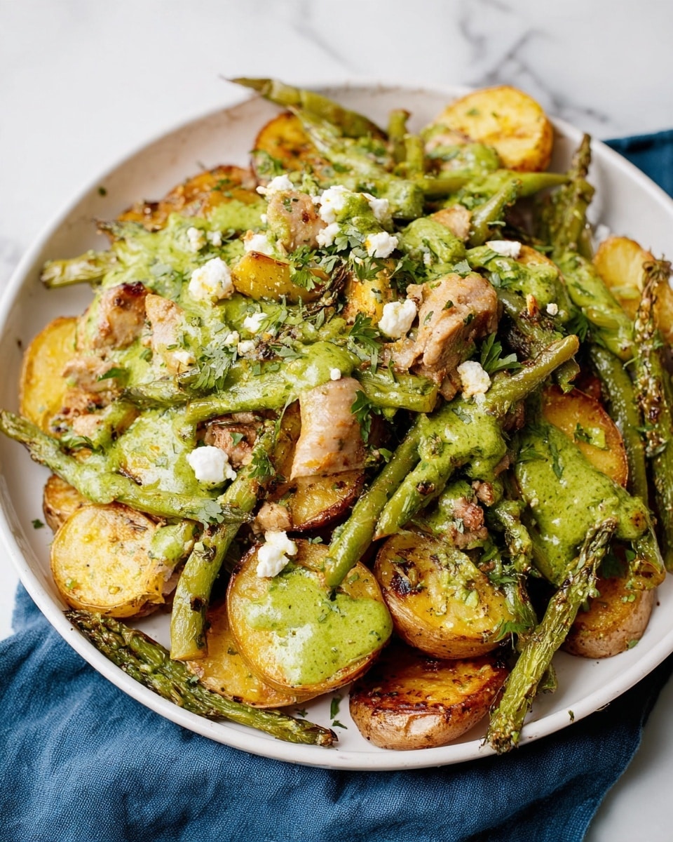 The dish is served in a white bowl placed on a white marbled surface with a blue cloth nearby. The base layer is made of golden brown cooked potato slices scattered throughout the bowl. On top of the potatoes, there are grilled green beans, long and bright green, spread over the bowl. Mixed in are pieces of cooked meat, light brown with a slightly charred texture. A thick green sauce is drizzled unevenly across the top, adding brightness and a moist look. Small bits of white cheese and chopped fresh green herbs are sprinkled over everything, giving the dish a fresh touch. photo taken with an iphone --ar 4:5 --v 7