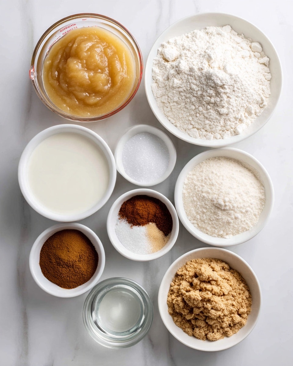 The image shows eight small white bowls and a clear glass measuring cup arranged neatly on a white marbled surface. The top right white bowl is filled with a large amount of white flour with a powdery texture. To the left of it, a glass measuring cup holds light yellow applesauce with a smooth and thick texture. Below the flour, a white bowl contains granulated white sugar, with fine, sparkly crystals. To the bottom left of the flour, a white bowl holds dairy-free milk, which is off-white and smooth. Below the milk, another small white bowl is filled with mixed ground spices in shades of brown and orange, including cinnamon, ginger, and allspice with a powdery texture. To the lower right corner, a larger white bowl contains coarse, brown sugar with a crumbly look. Next to the brown sugar, a small white bowl holds a mix of baking powder and soda, which appear as white powder. At the center bottom, a small transparent glass holds clear oil with a smooth liquid texture. The whole setup is evenly lit, giving a clear view of each ingredient. Photo taken with an iphone --ar 4:5 --v 7