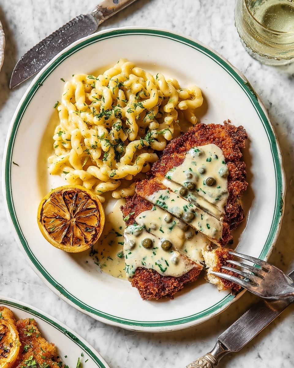 A white plate with two green rings on the edge holds three main parts: on the left is a pile of short, twisted pasta in light yellow, garnished with green herbs and some black pepper. On the bottom left of the plate sits a grilled lemon half, its yellow skin charred with dark lines. On the right side, there is a large piece of crispy brown fried meat covered with a creamy white sauce dotted with green capers and small bits of herbs. A silver fork lifts a piece of the meat, showing the sauce dripping from the inside. The plate rests on a white marbled surface with a glass of light liquid and a knife visible nearby. photo taken with an iphone --ar 4:5 --v 7