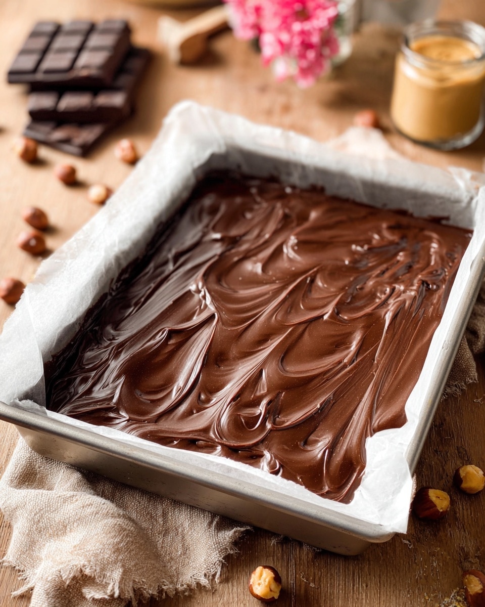 A metal baking tray lined with white parchment paper holds a thick, glossy layer of smooth dark chocolate fudge. The chocolate surface is rich and has shiny swirls and peaks, showing a creamy texture. The tray sits on a wooden table with some hazelnuts scattered around and a bar of dark chocolate in the background. A small glass jar holding pink flowers and another jar with a beige substance are also seen softly out of focus. The whole setting has warm, natural lighting that highlights the chocolate's shine. Photo taken with an iphone --ar 4:5 --v 7