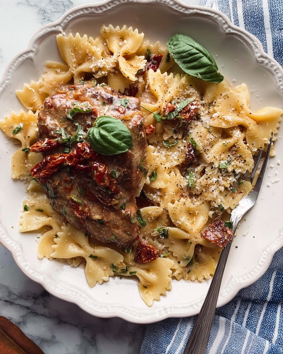The dish features a white, scalloped-edge plate filled with three layers visually: the bottom layer is farfalle pasta tossed with creamy sauce and pieces of sun-dried tomatoes scattered throughout, showing a mix of light yellow pasta with red bits and green herb flecks. On the right side, the pasta is sprinkled with grated cheese and black pepper, with two fresh green basil leaves laying on top. On the left side, a thick cooked piece of meat, covered in a rich sauce with visible herbs and sun-dried tomato pieces, sits partially over the pasta, garnished with two basil leaves. A fork rests near the bottom right, with small diced pieces of the meat on the pasta. The plate is set against a white marbled surface with a blue-striped cloth slightly visible underneath. Photo taken with an iphone --ar 4:5 --v 7