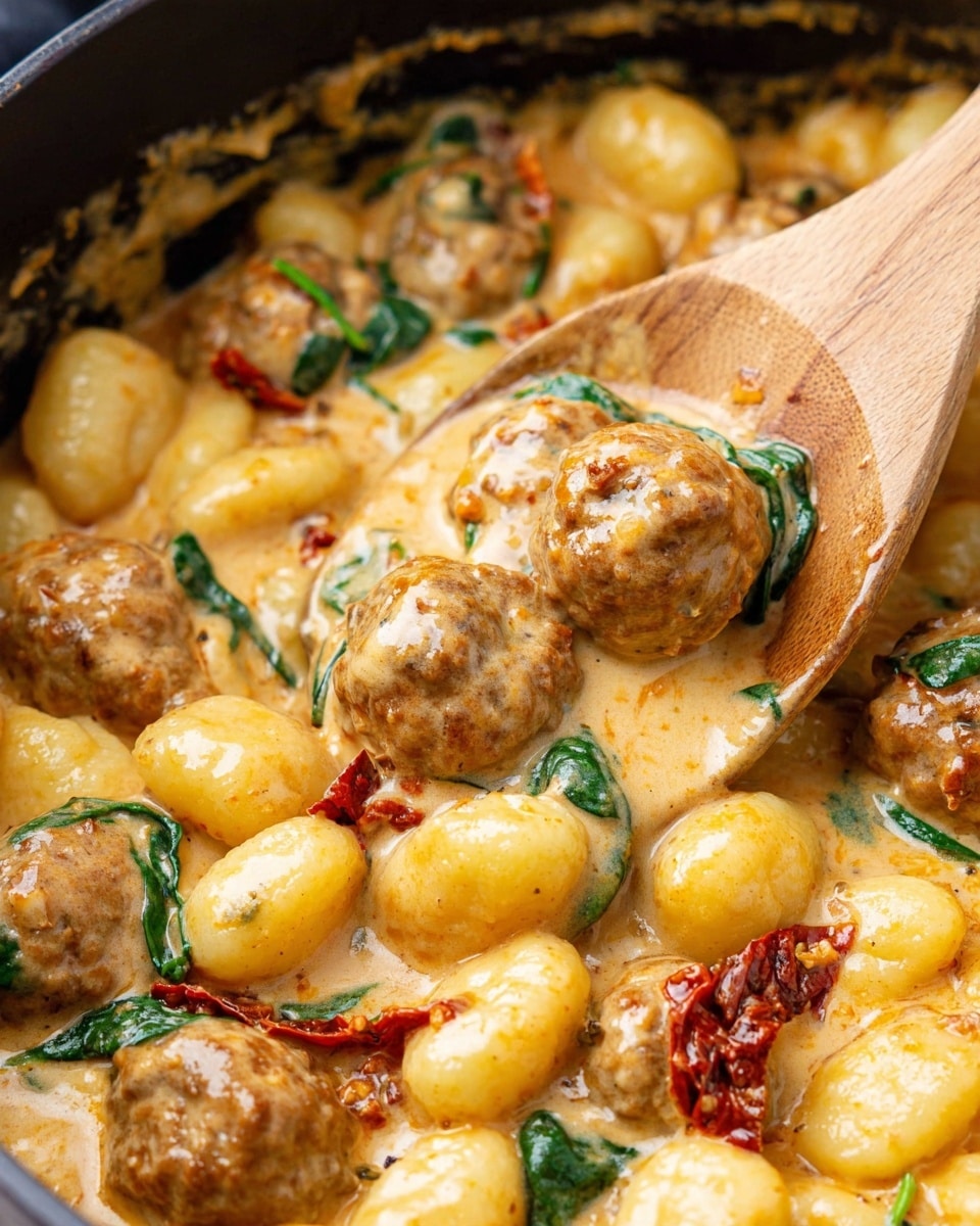 A close-up view of a creamy gnocchi dish in a pot, showing soft, small gnocchi pieces in light yellow color mixed with round meatballs coated in a light orange creamy sauce. There are bits of sun-dried tomatoes in red scattered throughout and some green leafy spinach pieces. A wooden spoon is lifting one meatball covered in sauce and spinach. The sauce looks thick and rich, covering everything evenly, and the pot has a dark interior. photo taken with an iphone --ar 4:5 --v 7