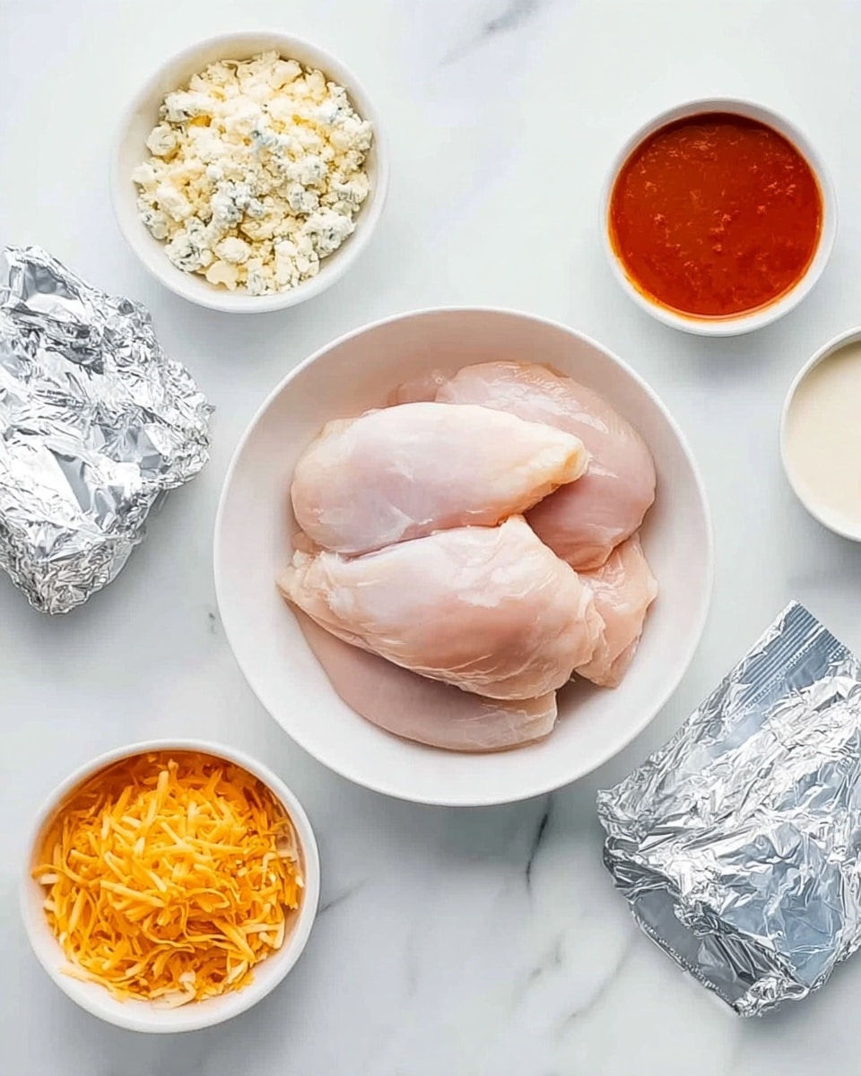 A white bowl in the center holds four raw pale pink chicken pieces stacked on each other with a smooth texture. Surrounding the bowl on a white marbled surface are five separate white bowls and two packages wrapped in silver foil. One white bowl contains crumbly pale yellow cheese, another has bright orange shredded cheese, and a third bowl holds a smooth, rich red sauce. The fourth bowl has a creamy white dressing, while the fifth bowl is not fully visible. The silver-wrapped packages reflect light and lie flat on the surface. photo taken with an iphone --ar 4:5 --v 7