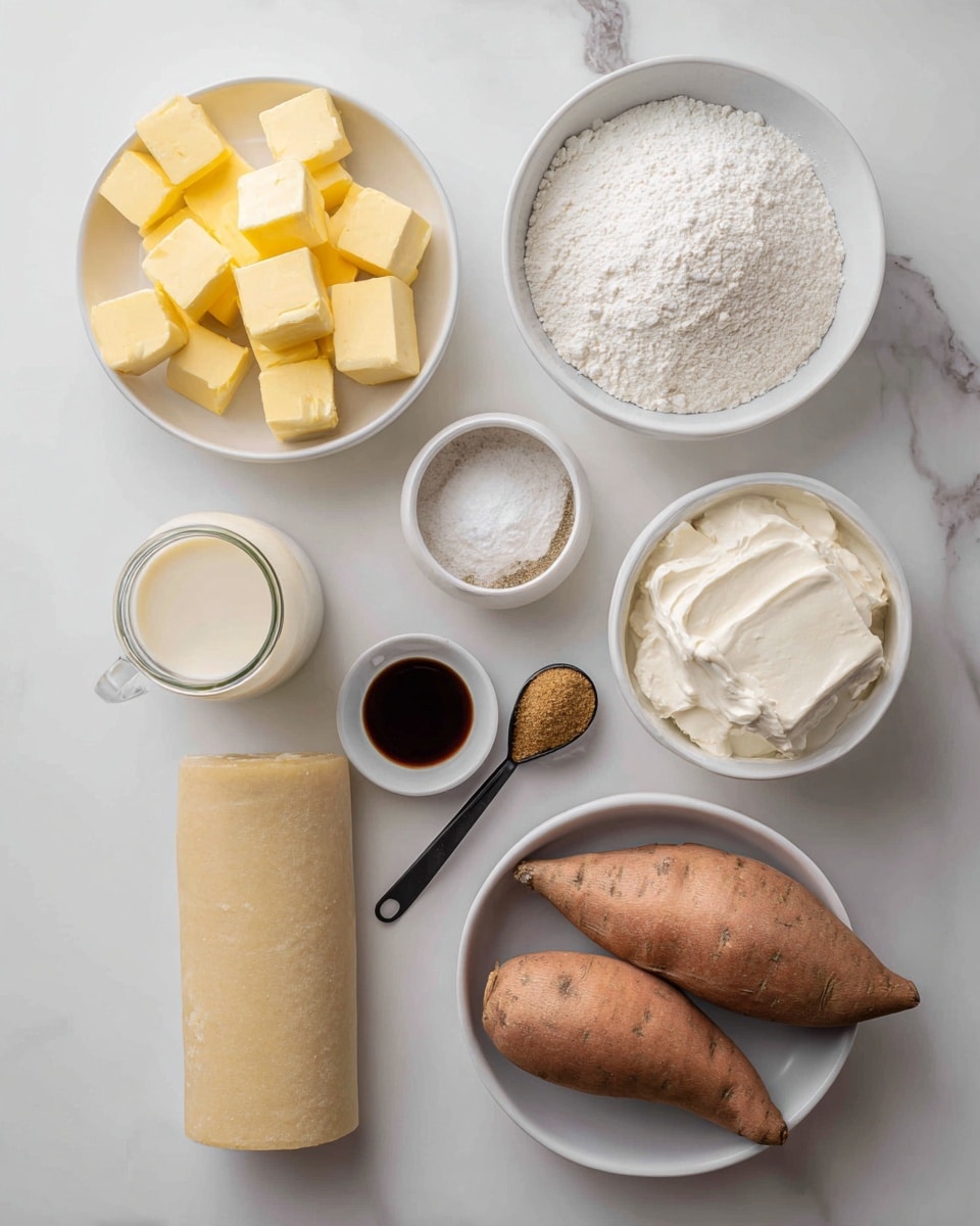 A top view of white bowls and small white dishes on a white marbled surface holding different ingredients. Starting from top left, there is a white bowl filled with yellow cubes of vegan butter, next to it on the right is a white bowl with white powder labeled cornstarch. Below the butter is a small white glass jar holding pale beige soy milk, beside it to the right is a small white bowl with white granulated sugar, and next to that near the center is a small black metal scoop with a mix of salt and spices in a layered look of light and brown colors. To the right of the scoop is a white bowl with creamy white silken tofu. In the bottom left corner, a small white bowl holds dark brown vanilla extract. Bottom right is a large white bowl holding two whole orange sweet potatoes. At the very bottom center is a rolled round vegan pie crust with a smooth beige surface. photo taken with an iphone --ar 4:5 --v 7