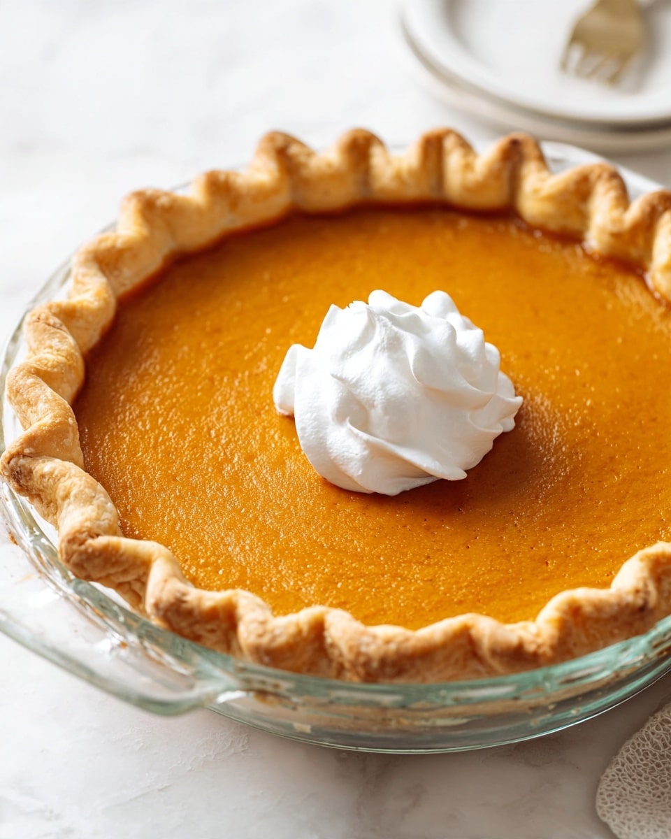 A pumpkin pie with one main layer of smooth orange filling inside a golden brown crust that has a crimped edge, all held in a clear glass dish. On top of the orange filling, near the center, is a single dollop of white whipped cream with soft peaks. The dish sits on a white marbled surface with soft natural light. photo taken with an iphone --ar 4:5 --v 7