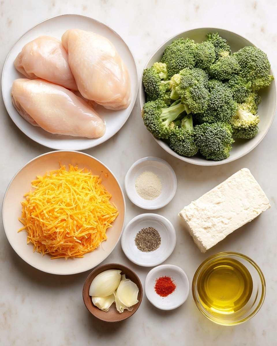 The image shows a flat lay of ingredients on a white marbled surface, organized in seven white dishes and one small brown bowl. On the left, there are three smooth, pale pink raw chicken pieces stacked on a white plate. To the right, a white bowl holds fresh, dark green broccoli florets with a textured surface. Below the broccoli, there is a white bowl filled with bright orange shredded cheese. To the right of the cheese, a white plate holds a rectangular block of crumbly white cheese. Above that plate, a small round white plate contains six different small piles of colorful spices including black, red, beige, white, and off-white powders. Next to it is a small brown bowl with a dollop of chopped light yellow garlic. Finally, a clear glass holds a golden yellow liquid, likely oil, completing the set of ingredients. The photo taken with an iphone --ar 4:5 --v 7