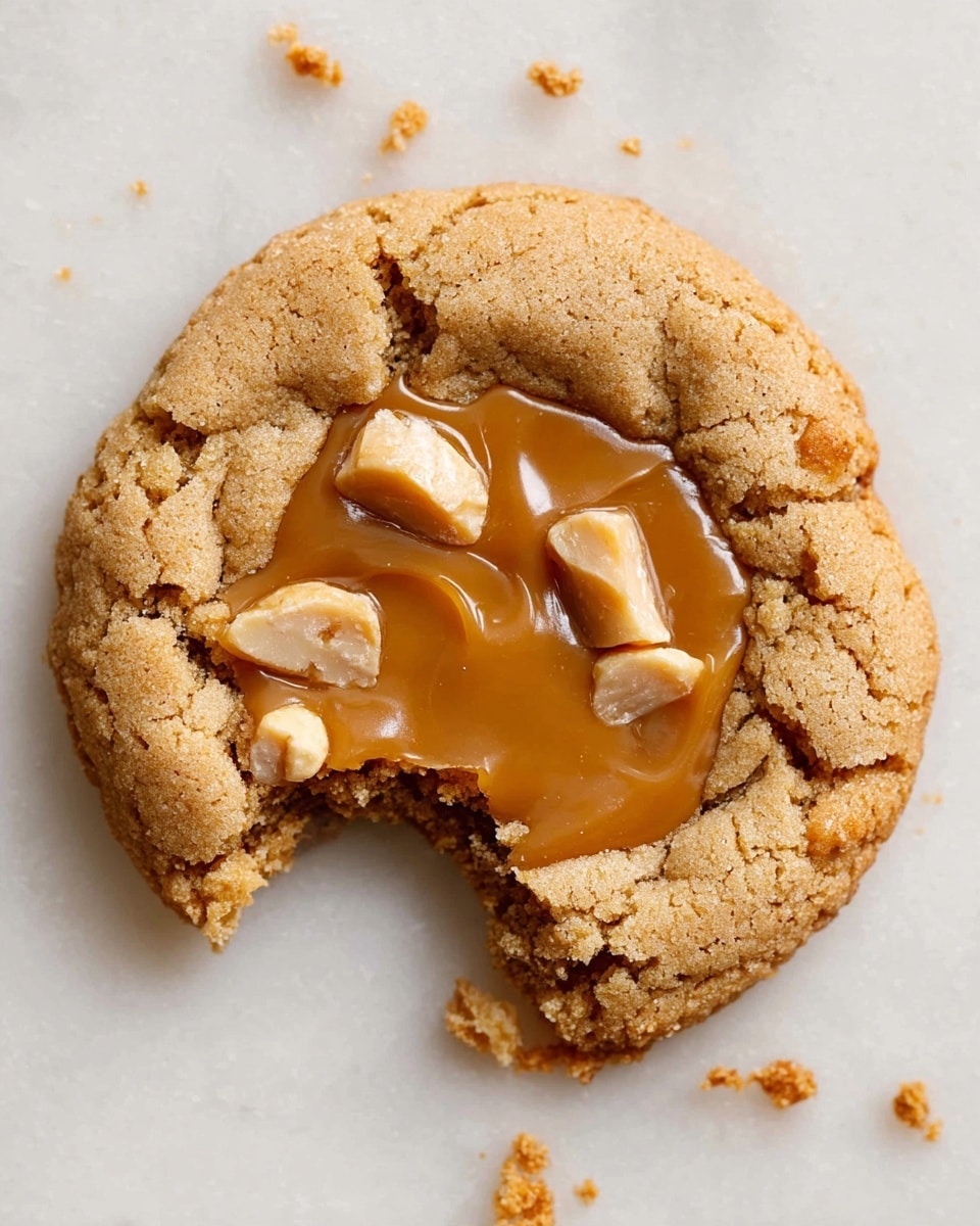 A single round cookie is placed on a white marbled surface, with a bite taken from the lower left side. The cookie has a crumbly, golden-brown outer crust with visible texture, and the center is filled with a smooth, shiny caramel layer. Small chunks of light-colored nuts are scattered on top of the caramel, adding contrast and texture to the middle layer. The cookie edges are thick and cracked, showing a fresh and soft texture inside. Photo taken with an iphone --ar 4:5 --v 7