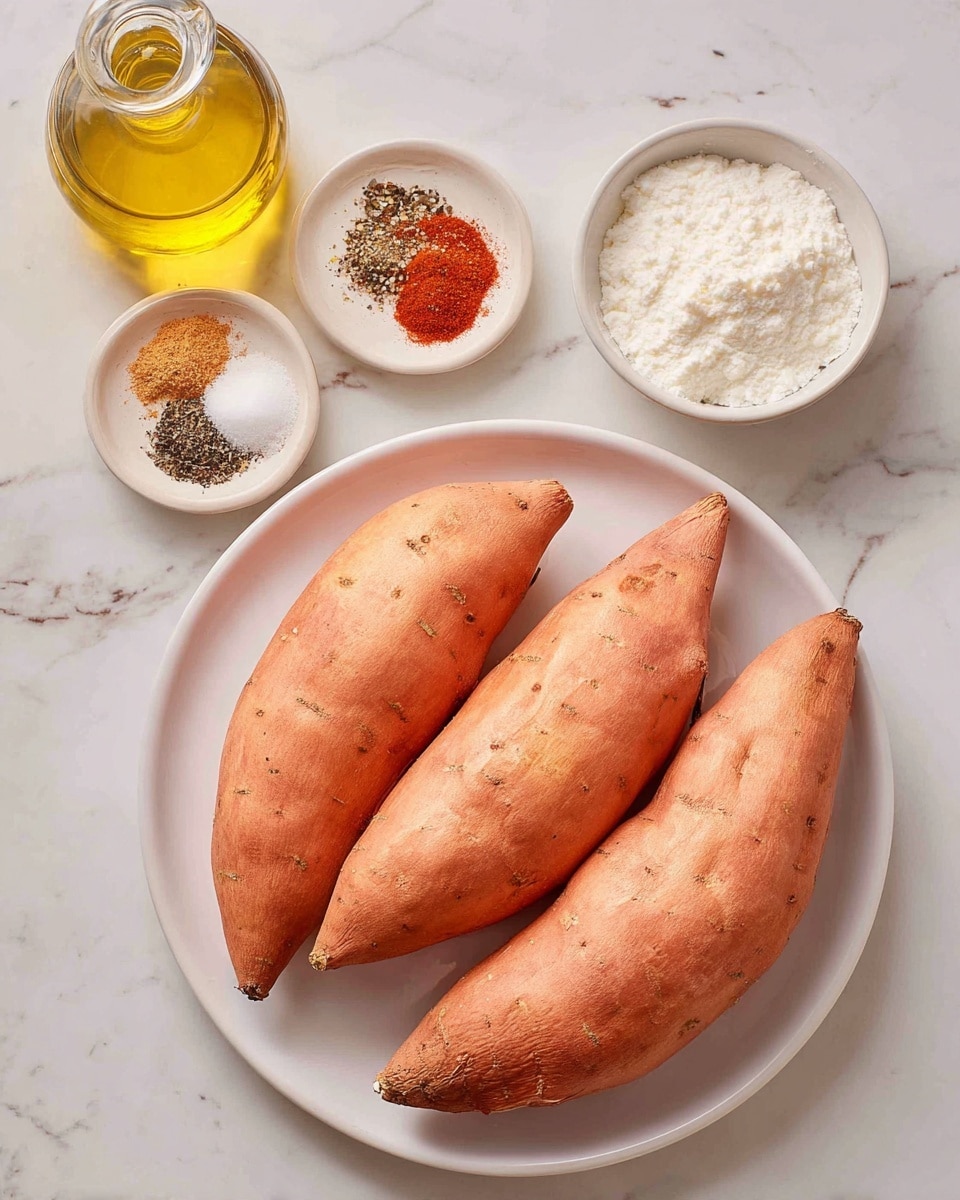The image shows four whole peeled sweet potatoes with a pale orange skin color arranged neatly on a white plate at the bottom center. Above the plate are two small white bowls; the left bowl contains a mix of salt, black pepper, paprika, and garlic powder in separate small piles of white, black, red, and beige shades, while the right bowl holds white cornstarch powder. On the upper left side, there is a glass bottle filled with golden-yellow olive oil. All items are placed on a surface with a white marbled texture. Photo taken with an iphone --ar 4:5 --v 7