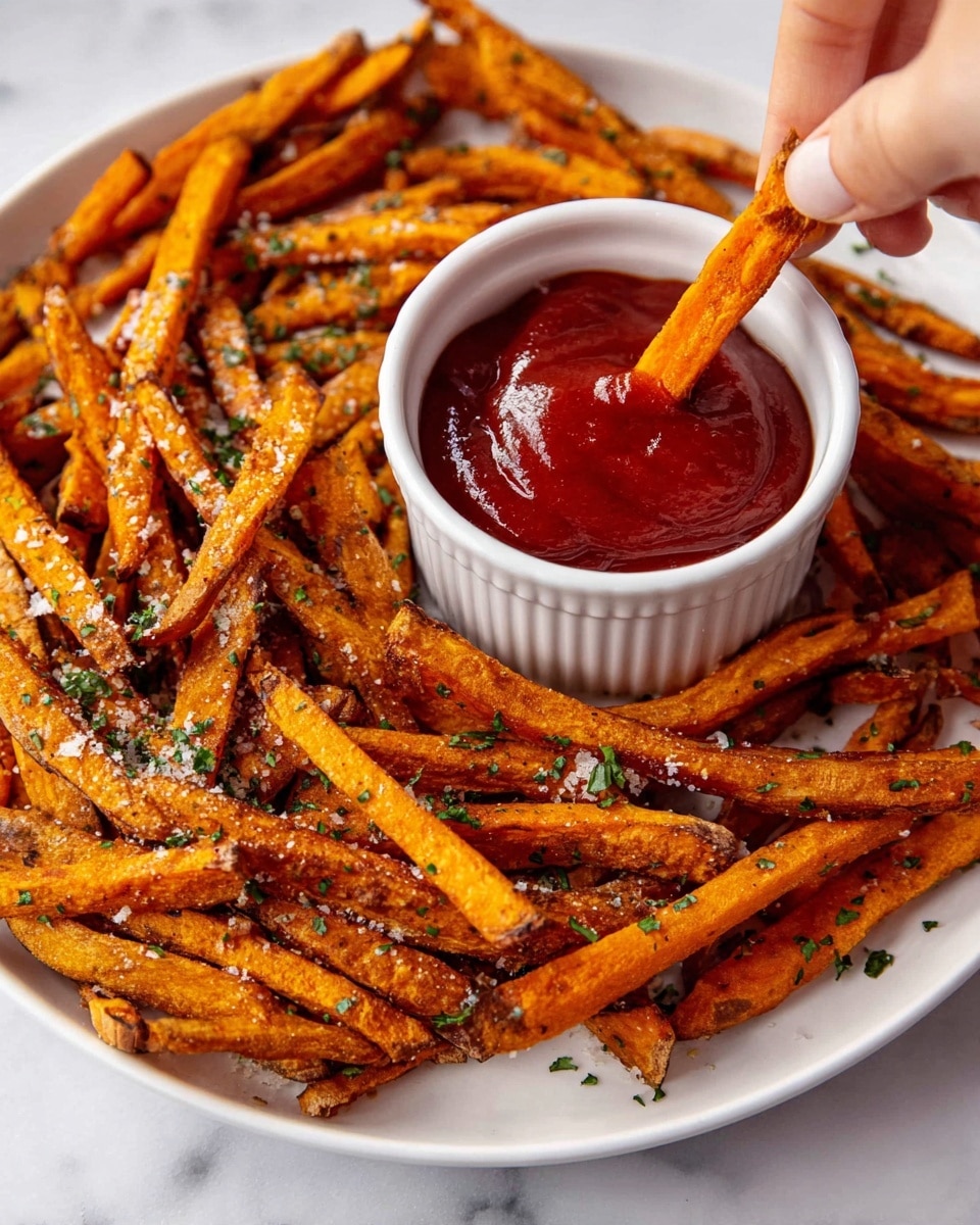 A white plate is filled with many crispy, orange sweet potato fries sprinkled with small bits of green herbs and coarse salt. In the middle of the plate sits a white, ribbed bowl filled with thick, smooth red ketchup. One crisp sweet potato fry is held by a person's fingers dipped halfway into the ketchup, showing the orange texture with slight charred edges. The plate rests on a white marbled surface. photo taken with an iphone --ar 4:5 --v 7
