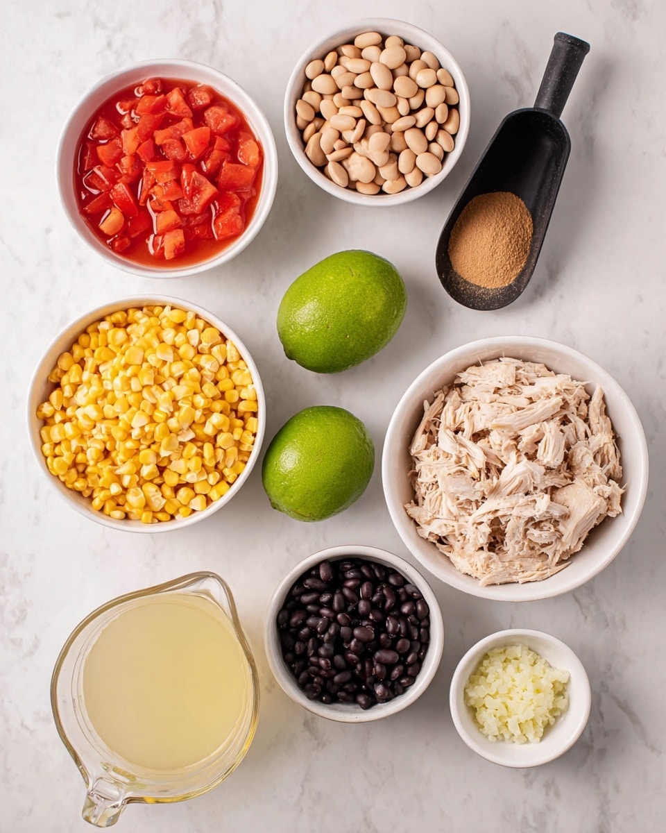 The image shows seven containers and two whole limes arranged on a white marbled surface. Starting from the top left, there is a white bowl filled with diced red tomatoes in liquid, next to it a white bowl with light brown beans. To the right, a black scoop holds a fine light brown powder. Below the beans, there are two green whole limes placed side by side. Moving down, a white bowl is filled with yellow corn kernels. Below the tomatoes, a white bowl holds black beans. To the right of the black beans, a small white cup contains finely minced pale yellow garlic. At the bottom right, a white bowl is filled with shredded cooked chicken meat. Finally, at the bottom left, there is a transparent glass measuring cup with a pale yellow liquid. Photo taken with an iphone --ar 4:5 --v 7