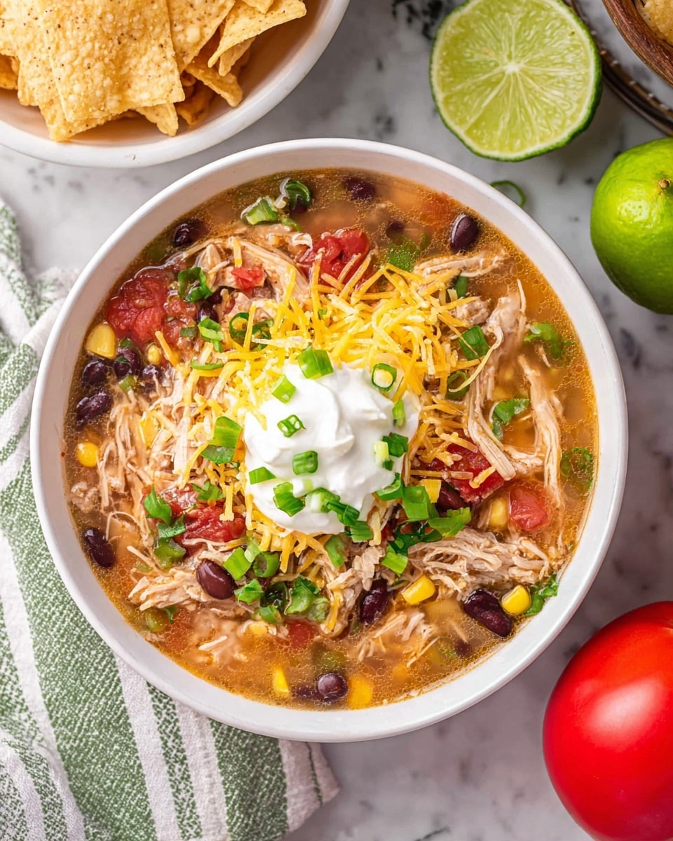 A white bowl filled with a colorful chicken soup that has layers of shredded chicken, light brown broth, yellow corn, red tomatoes, black and brown beans. The soup is topped with a thick dollop of white sour cream, bright yellow shredded cheese, and green sliced scallions scattered on top. Surrounding the bowl are white tortilla chips in a white bowl, a striped cloth napkin, a green lime wedge, a whole green lime, and a red tomato on a white marbled surface. photo taken with an iphone --ar 4:5 --v 7