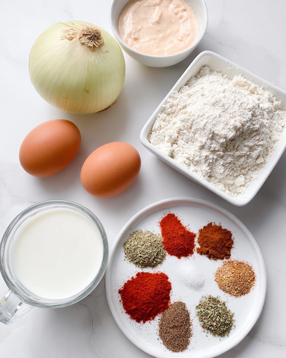 The image shows a white marbled surface with several ingredients arranged neatly. There are two brown eggs placed side by side in the bottom left corner. Next to them is a clear glass cup filled with white milk. Above the eggs and milk is a whole yellow onion. To the right of the onion, there is a white square bowl filled with white flour that has a small scoop taken from it. Above the flour bowl, there is a small white bowl filled with a creamy, light pink sauce. In the bottom right corner, a white round plate holds seven different spices arranged in small piles: bright red paprika, brown ground spice, dried green herbs, black pepper, light brown spice, dried oregano, and white salt in the center. The whole setting is clean, bright, and well organized. photo taken with an iphone --ar 4:5 --v 7