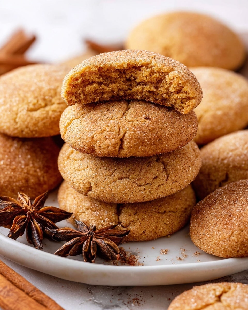 A stack of soft, round cinnamon sugar cookies with a cracked texture on top sits in the center of a white plate, with the top cookie broken in half to show a moist, crumbly inside of warm brown color. Around the plate, whole cookies with a golden brown tone and a sugar-crystal coating are scattered, some accompanied by dark brown star anise and cinnamon sticks that add a rustic touch. The background is a white marbled texture. photo taken with an iphone --ar 4:5 --v 7
