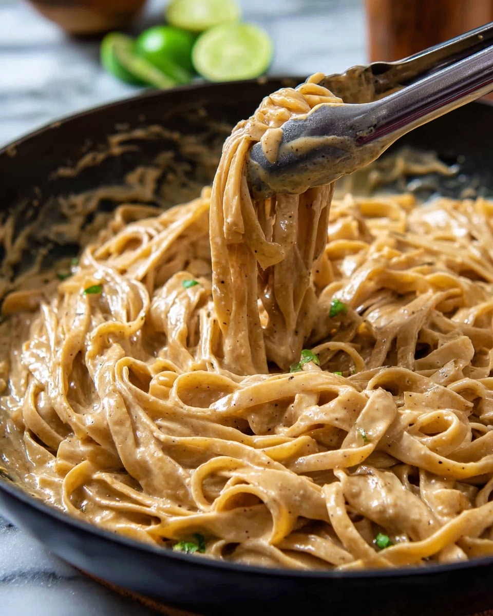 A close-up view of a pan filled with thick fettuccine pasta coated in a creamy, light brown sauce with specks of seasoning, the pasta strands are shiny and smooth with a slightly thick texture. In the center, tongs lift a small bundle of the pasta, showing the sauce clinging to the noodles. The pan is black, set against a blurred white marbled surface and background, with green garnishes and a lime slice faintly visible out of focus. Photo taken with an iphone --ar 4:5 --v 7