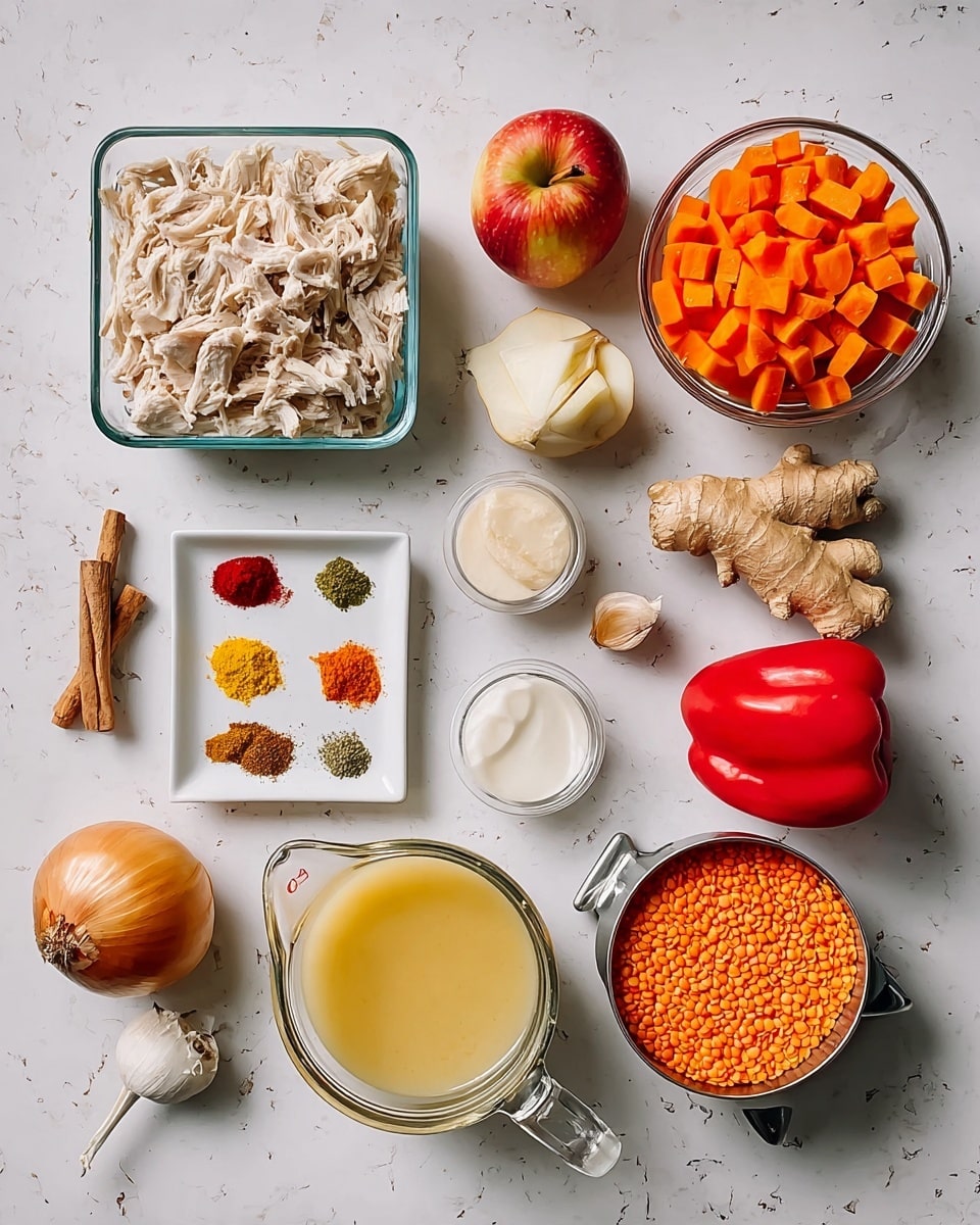 This image shows various cooking ingredients placed on a white marbled surface. Near the center, there's a square glass container filled with shredded light beige chicken. To its left is a small white square dish holding a variety of colorful spices arranged in small piles—yellow, orange, red, brown, and greenish tones. Below that is a glass measuring cup with light yellow broth. Above the spices is a white bowl filled with small, chopped orange carrot pieces. To the right side is a metal measuring cup filled with orange lentils. Scattered around these main items are a brown onion, a white bulb of garlic, a fresh red bell pepper, a small glass bowl of white solid fat, a red and yellow apple, and a piece of ginger root. The arrangement is neat with all the containers and produce spread evenly across the white marbled surface photo taken with an iphone --ar 4:5 --v 7
