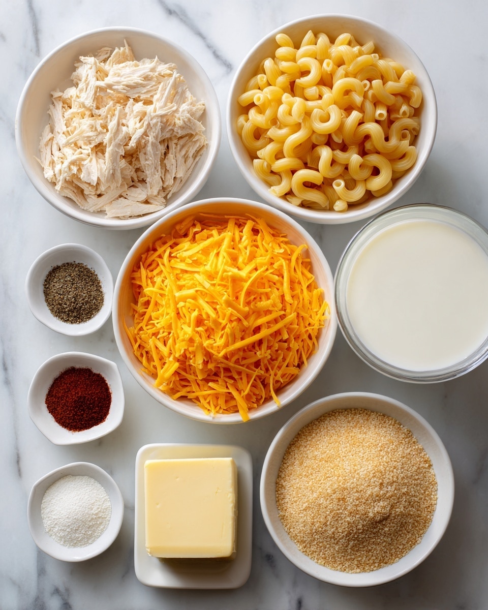 The image shows seven white bowls on a white marbled surface, each with a different cooking ingredient arranged neatly. The largest bowl holds bright orange shredded cheddar cheese, showing a rough texture with many small thin strips. To its left, a slightly smaller bowl is full of dry elbow macaroni, curved and golden-yellow with a smooth surface. A medium-sized bowl at the top right is filled with white milk, smooth with a few small bubbles on top. At the top left is a smaller bowl with light beige shredded chicken, looking soft and fibrous. Below the milk, a tiny bowl contains a solid pale yellow square of butter. Next to the butter, a small bowl has two spices: a dark reddish powder and black pepper powder. At the bottom left, a tiny bowl holds white flour with a powdery texture. On the far right, a square bowl contains light brown dry breadcrumbs or powder, crumbly in texture. All bowls are viewed from above, showing clear differences in color and texture among the layers photo taken with an iphone --ar 4:5 --v 7