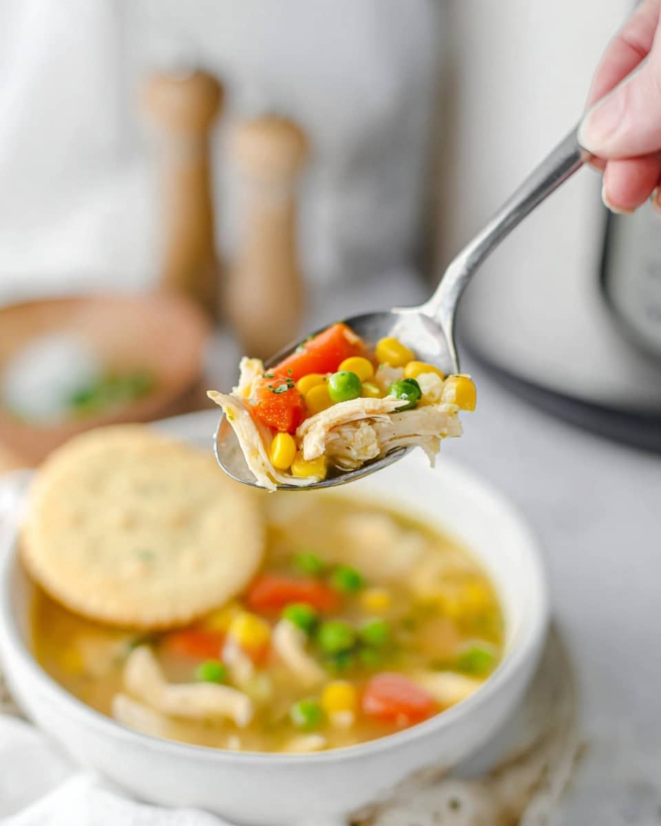 A close-up shows a spoon held by a woman's hand, filled with shredded light yellow chicken, bright yellow corn kernels, orange carrot slices, and green peas in a light broth. Below the spoon, a white bowl contains the same soup with visible layers of chicken, corn, peas, and carrots, topped with a round, pale cream-colored cracker resting on the bowl’s edge. The background features blurred white marbled texture with kitchen items in soft focus, creating a clean and bright setting. photo taken with an iphone --ar 4:5 --v 7