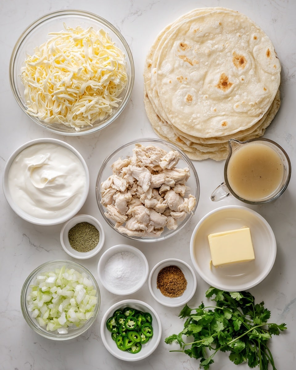 The image shows several clear and white bowls and a stack of white flour tortillas arranged on a white marbled surface. The largest clear bowl at the top left is filled with shredded pale yellow Monterey Jack cheese. To the right is a clear measuring cup containing light brown chicken broth. Below the cheese is a small white bowl with thick, white sour cream. In the center is a clear bowl filled with chopped cooked chicken pieces in light beige tones. Next to it is a small white bowl holding a square piece of pale yellow butter. Below are small white bowls with chopped green chilies, white flour, white salt, and brown ground cumin. At the bottom left is a white bowl filled with chopped white onions. Fresh green coriander sprigs lie beside the tortillas. All items are neatly arranged on the white marbled surface. Photo taken with an iphone --ar 4:5 --v 7