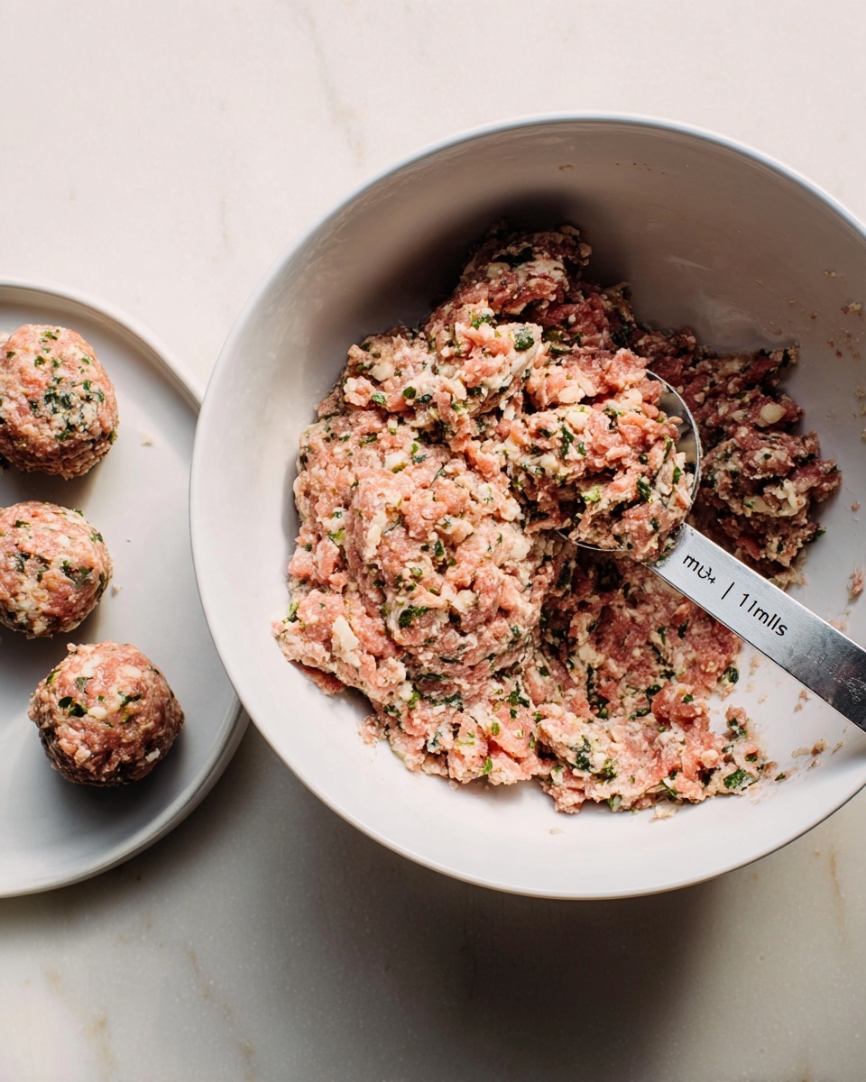 A white bowl filled with a mix of raw ground meat combined with green herbs and white bits, giving a textured look of pink, green, and off-white colors. Inside the bowl is a silver measuring spoon labeled