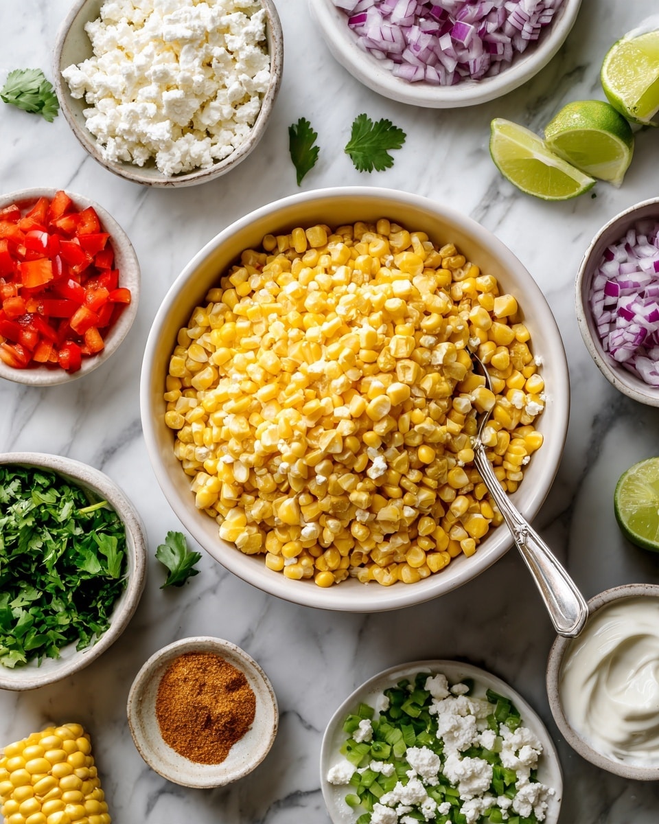 A white bowl filled with yellow corn kernels sits in the center of a white marbled surface, with a silver spoon inside the bowl. Surrounding it are smaller white bowls with different ingredients: white crumbled cotija cheese, chopped red bell pepper, finely chopped red onion, chopped green bell pepper, fresh green cilantro, thick white Greek yogurt, chili powder, cumin powder, salt, pale yellow avocado oil, and light green lime juice. There are lime slices and pieces of yellow corn arranged on the marbled surface along the edges. The colors are bright and fresh, with a variety of textures from crumbly cheese to finely chopped vegetables. photo taken with an iphone --ar 4:5 --v 7