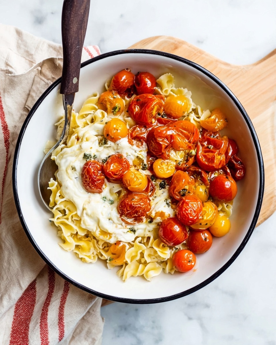 The image shows a white bowl with a black rim, filled with three layers: the bottom layer is light yellow wavy pasta, the middle layer consists of bright and shiny roasted cherry tomatoes in red, orange, and yellow colors, and the top layer is a creamy white cheese spread slightly melted and unevenly spread among the tomatoes. A black spoon with a wooden handle rests inside the bowl on the left side. The bowl is placed on a light wooden board on a white marbled surface, next to a beige cloth with red stripes. photo taken with an iphone --ar 4:5 --v 7