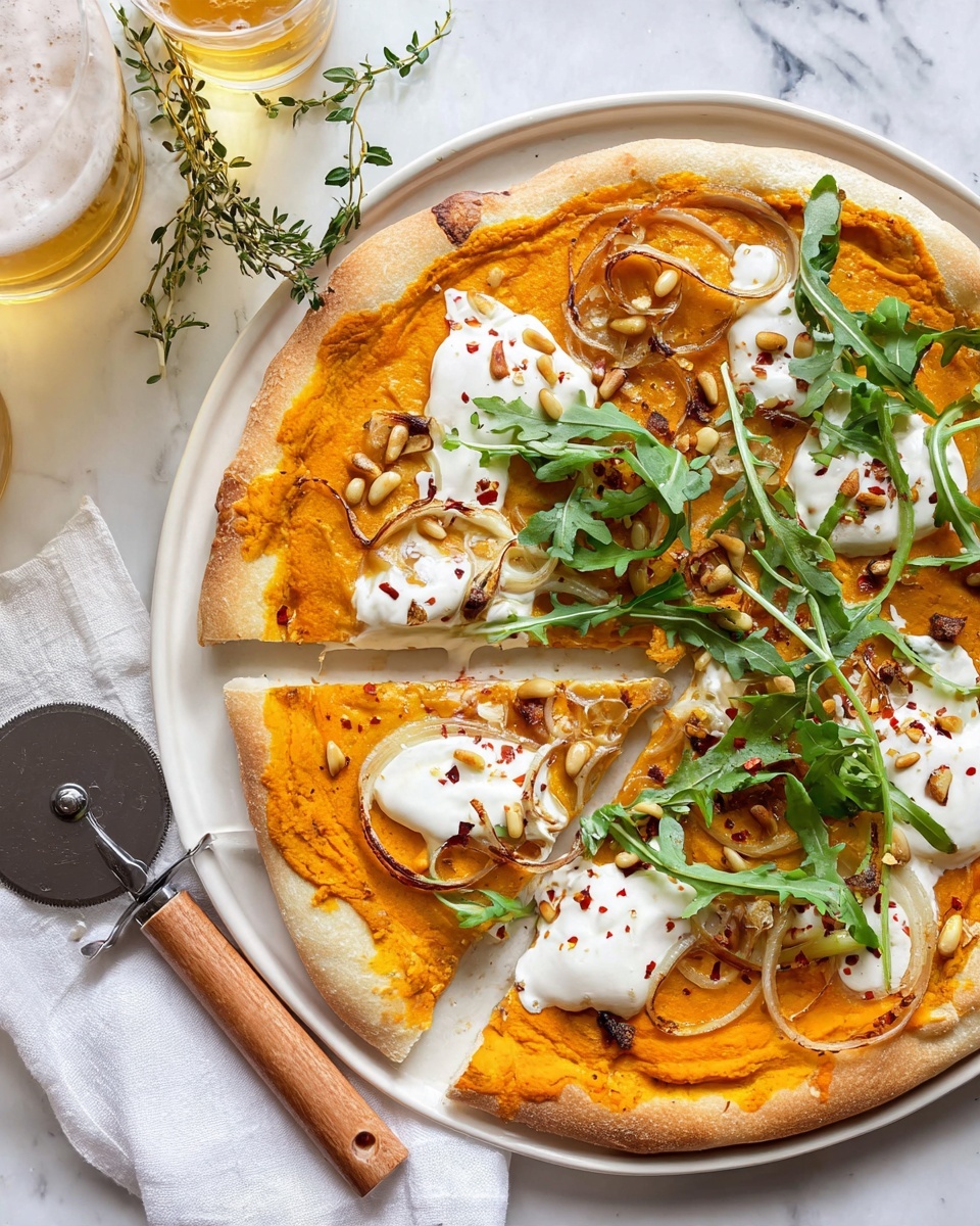 A white plate holds a pizza with a light golden crust. The first layer is a smooth orange spread covering the base. Thin, translucent rings of cooked onions are scattered on top. Dollops of white creamy sauce are placed unevenly, with a few pine nuts sprinkled around. Bright green arugula leaves add fresh color, and a sprinkle of pepper and red chili flakes give texture. Around the plate are a few thyme sprigs, and a glass of light yellow beer is nearby, all set on a white marbled surface. A pizza cutter with a wooden handle lies on a white cloth next to the plate. Photo taken with an iphone --ar 4:5 --v 7