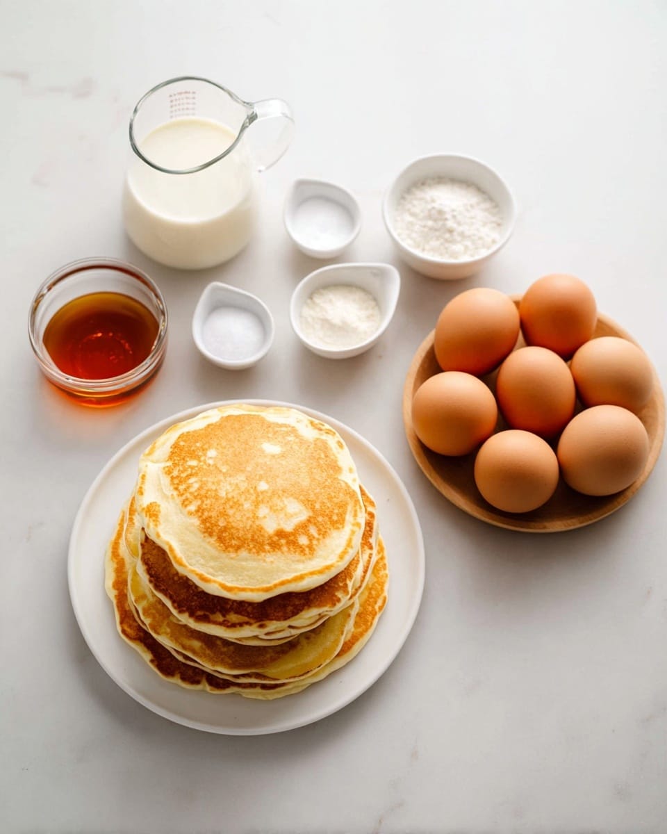 A white plate holds a neat stack of seven golden brown pancakes, each pancake showing a soft, fluffy texture with light browning around the edges. To the left of the plate, there is a small white bowl with amber syrup, and behind that, a clear measuring jug filled with white milk. In front and slightly to the right of the jug, a small white bowl holds cream or buttermilk. Around these bowls, two more small white bowls contain white sugar and a pinch of salt. To the right side of the image, a round wooden plate holds six eggs in varying shades of brown, arranged close together. The whole setup is placed on a white marbled surface. photo taken with an iphone --ar 4:5 --v 7