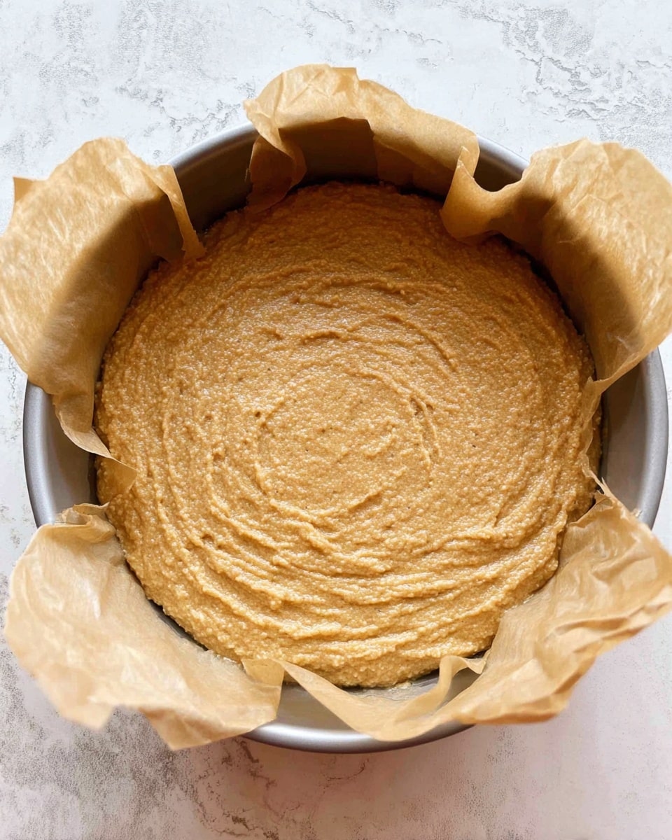 A close-up view of a round baking pan lined with crinkled light brown parchment paper, filled with a single thick layer of smooth, light brown batter that has a slightly grainy texture and soft swirls across the surface. The pan rests on a white marbled surface, giving a clean and bright background effect. photo taken with an iphone --ar 4:5 --v 7