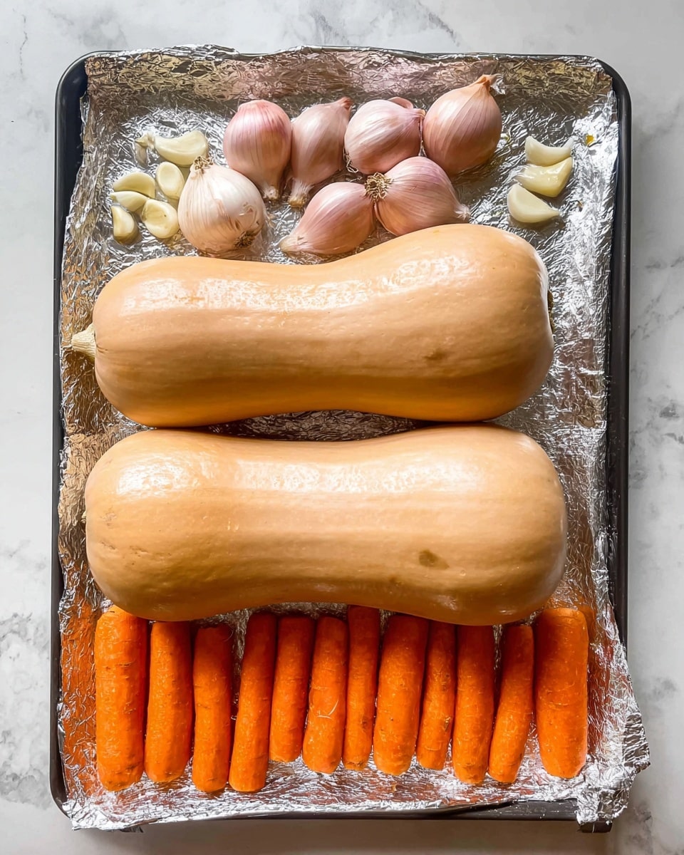 The image shows a baking tray lined with foil placed on a white marbled surface. On the tray, there are two large butternut squashes with smooth, light tan skin positioned side by side in the middle. Above the squash, there are two peeled shallots with a pale purple color standing upright, surrounded by several small peeled garlic cloves with a creamy white color. Below the squashes, there is a row of whole orange carrots with a slightly shiny texture, placed close together in a neat line. The whole setup looks ready for roasting. Photo taken with an iphone --ar 4:5 --v 7