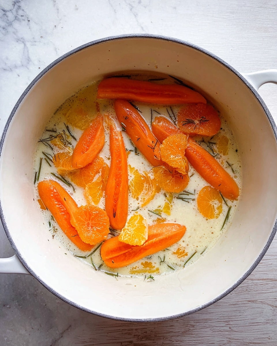 Inside a white pot, there are whole orange carrots lying in a light creamy liquid with small green herb flakes scattered around. Bright orange pieces of peeled orange fruits float on top and are partly submerged. A white marbled surface is visible around the pot. The scene looks natural and simple, showing a mix of ingredients ready to cook. photo taken with an iphone --ar 4:5 --v 7