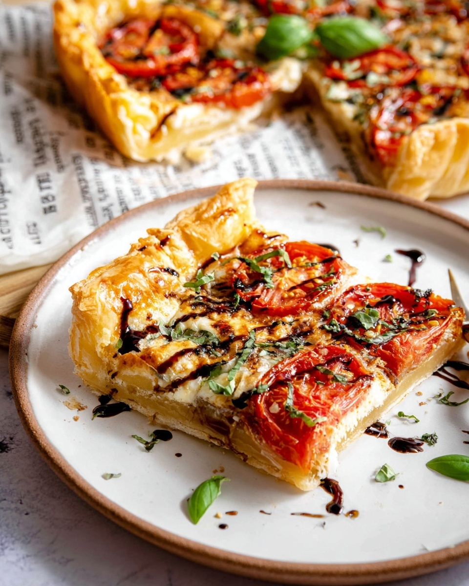 The image shows a slice of puff pastry tart on a white plate with a brown rim, sitting on a white marbled surface with printed paper underneath. The tart has a golden, flaky crust with visible layers around the edges, topped with roasted red tomato halves, melted white cheese with a bubbly texture, and scattered fresh green basil leaves. The surface of the tart slice is drizzled with a dark balsamic glaze, and extra herbs sprinkle the top. In the background, the tart with slices removed features similar toppings of tomatoes, cheese, and herbs on a golden puff pastry base. Photo taken with an iphone --ar 4:5 --v 7
