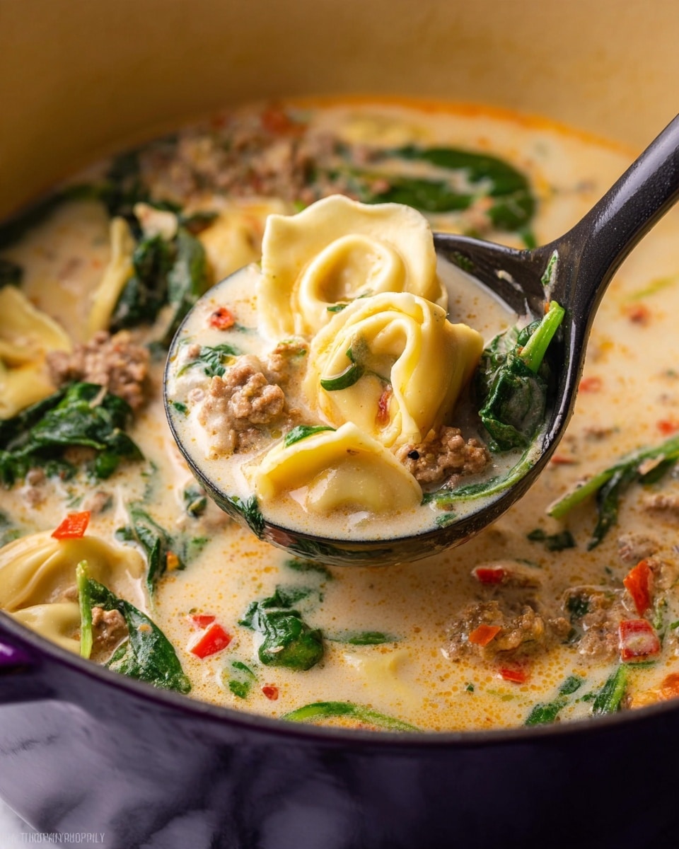 This image shows a close-up of a creamy soup with three main layers: soft, light yellow tortellini stuffed with filling, bright green spinach leaves, and small pieces of cooked ground meat mixed with tiny red pepper chunks. These layers float in a thick, pale cream-colored broth with a smooth, slightly shiny texture. A black ladle is scooping up the soup, highlighting the tortellini and vegetables, all inside a dark purple pot with a curved edge visible at the bottom. The background is a white marbled texture, and a woman's hand is slightly visible holding the ladle. photo taken with an iphone --ar 4:5 --v 7